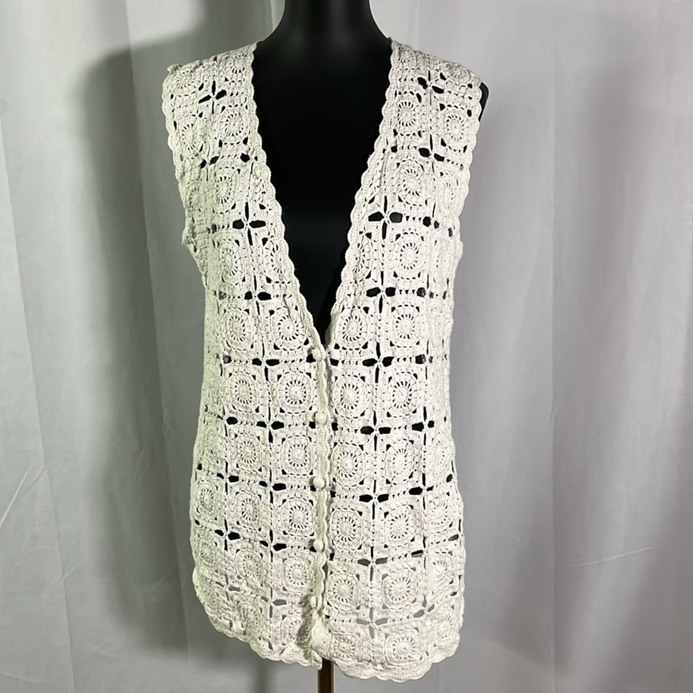 Vintage 90s New York Style White Knit Granny Square Button Front Vest